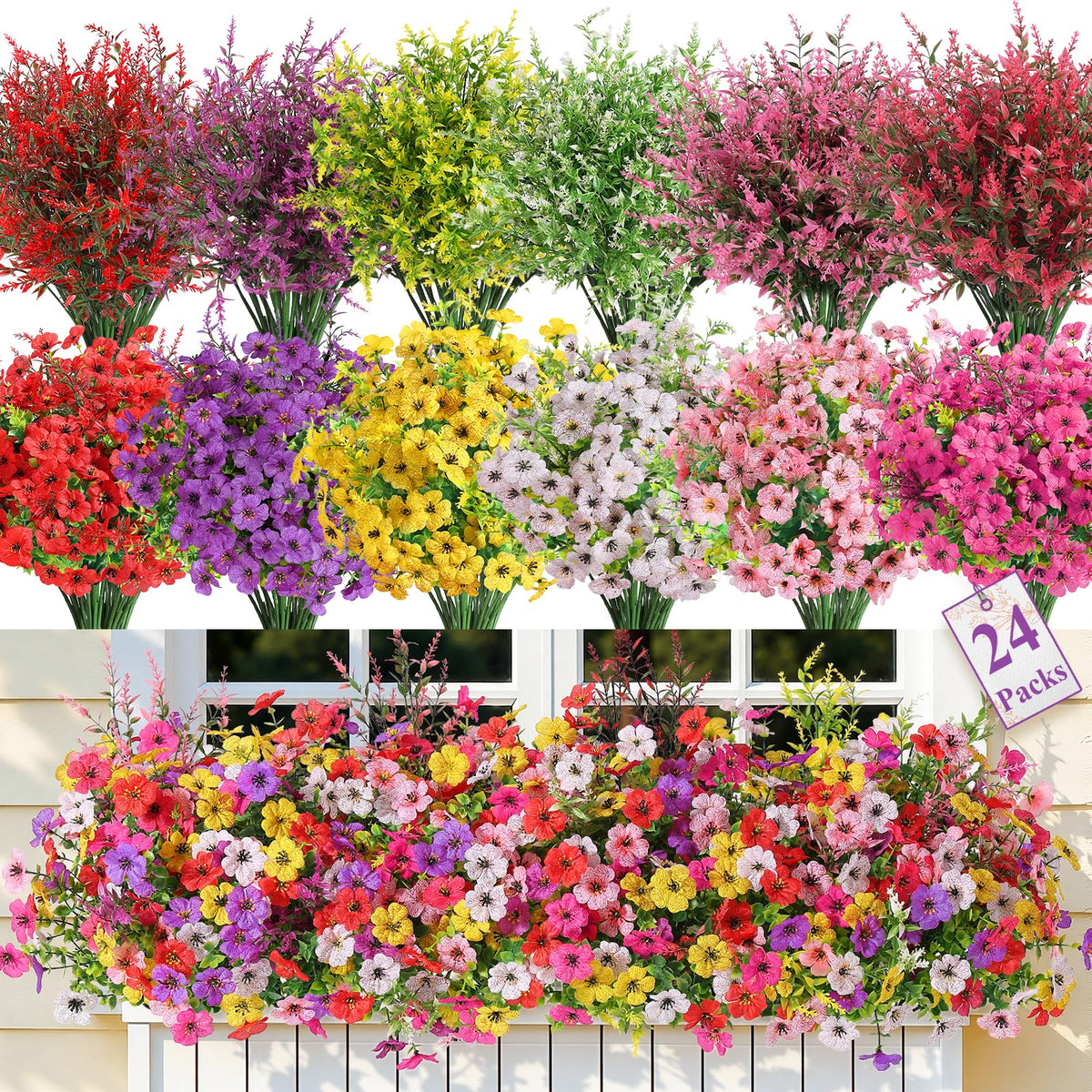 SHareconn 24-bundle outdoor artificial flowers with daisies and eucalyptus add long-lasting color.