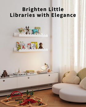 Shario scalloped shelves add playful decor to the nursery.