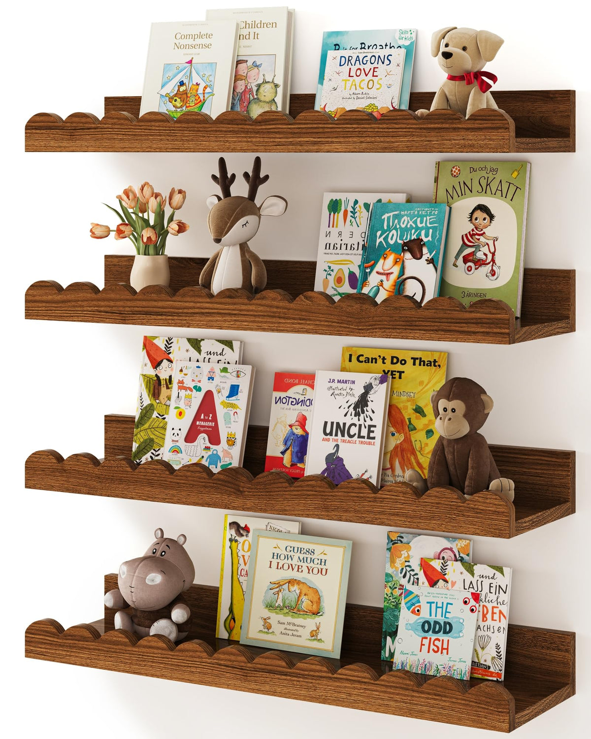 Shario nursery book shelves walnut brown four-pack for organized kids’ books