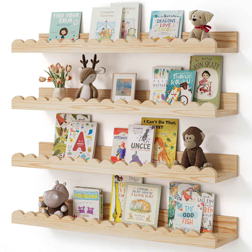 Shario Nursery Book Shelves 4-pack wood floating, keeps storytime within reach