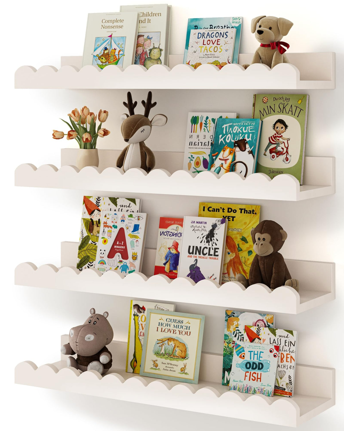Shario nursery book shelves four-pack with scalloped edge for organized storage.