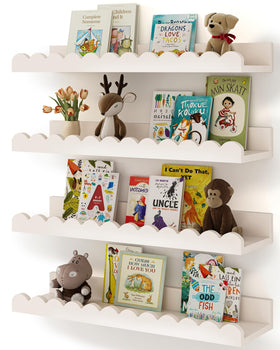 Shario nursery book shelves four-pack with scalloped edge for organized storage.