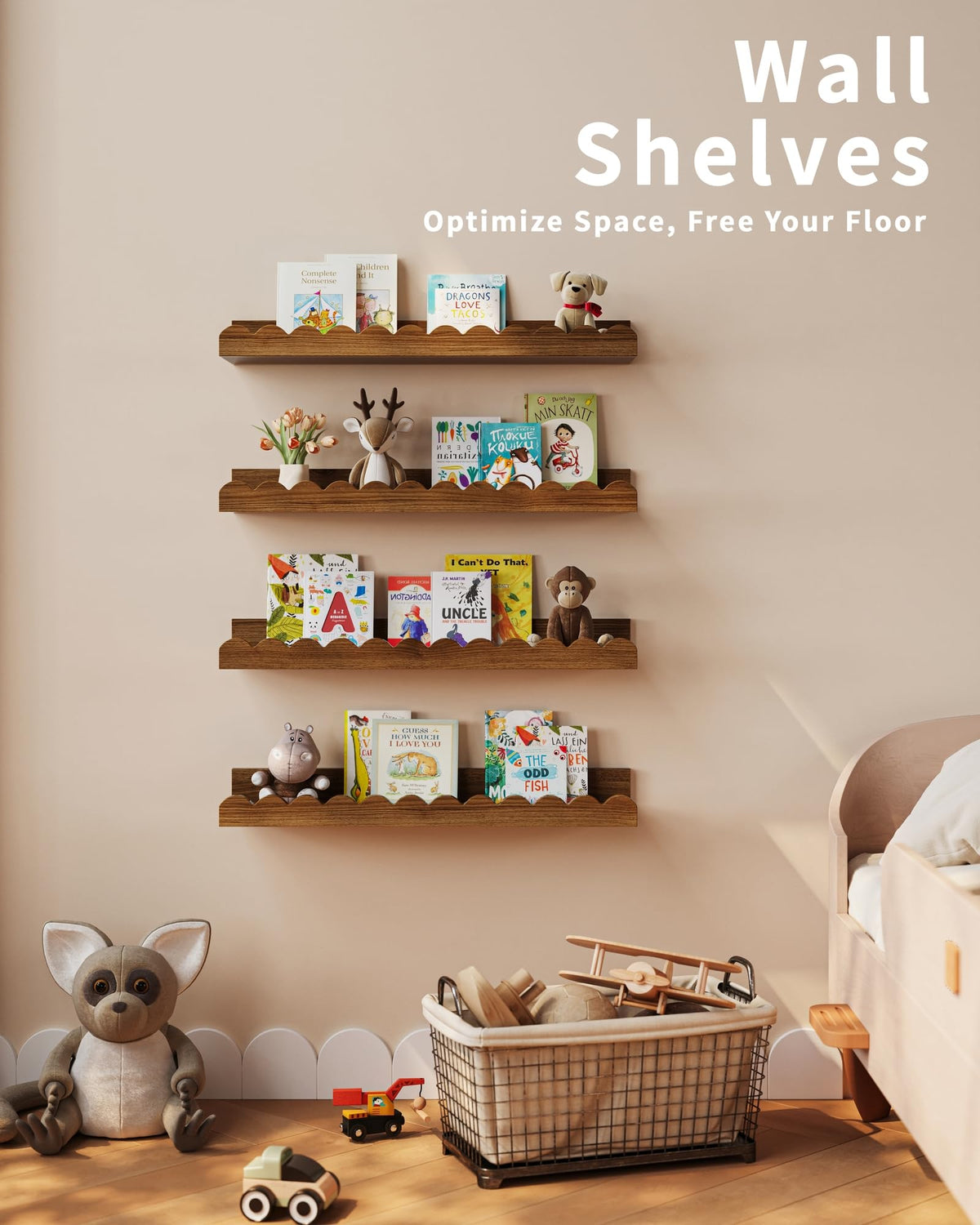 Shario nursery decor shelves show off easy installation and charm