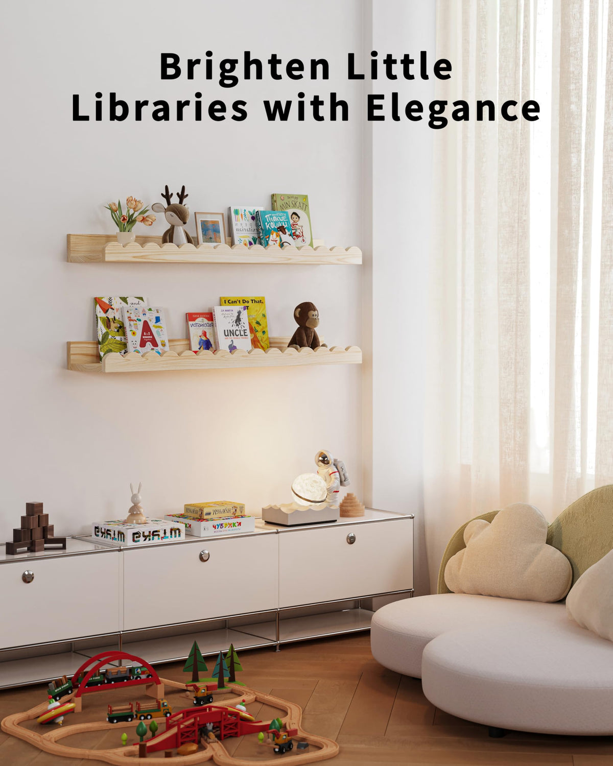 Shario nursery decor wood shelves brighten the baby room display