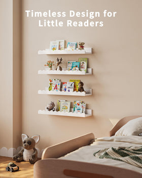 Shario space-saving shelves organize books and toys in a nursery.