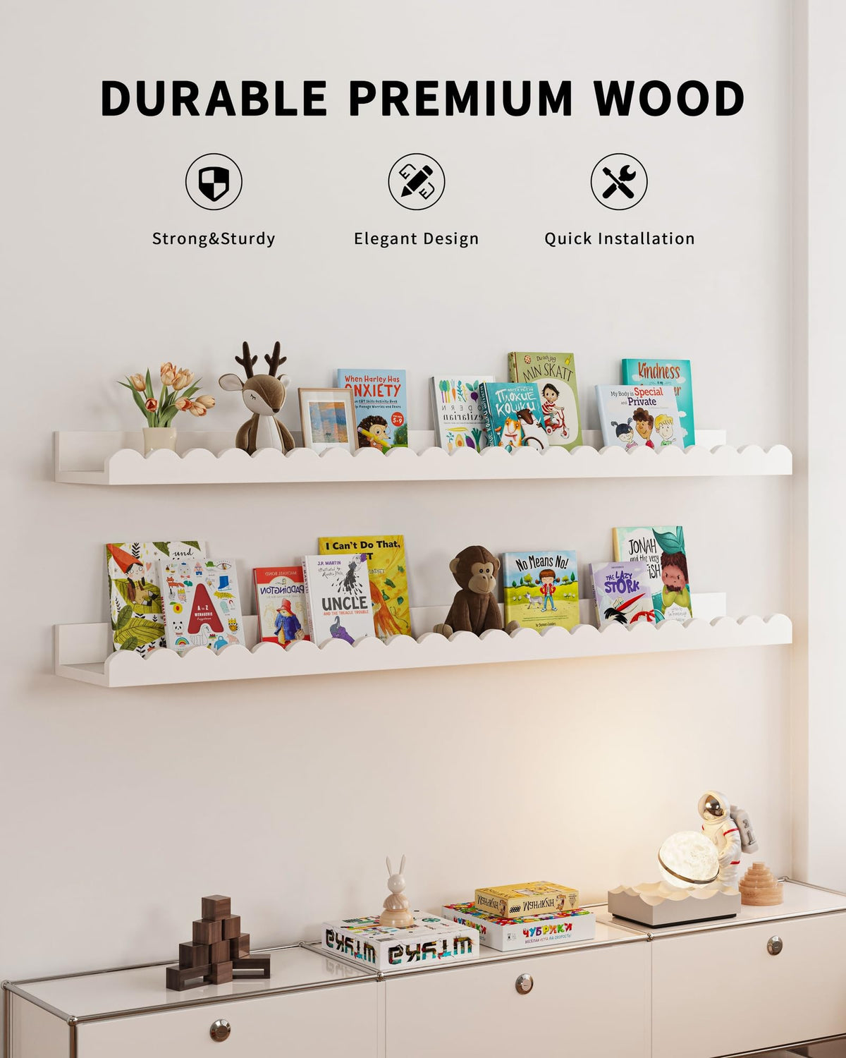 Shario scalloped wall shelves white 36 inches add playful storage