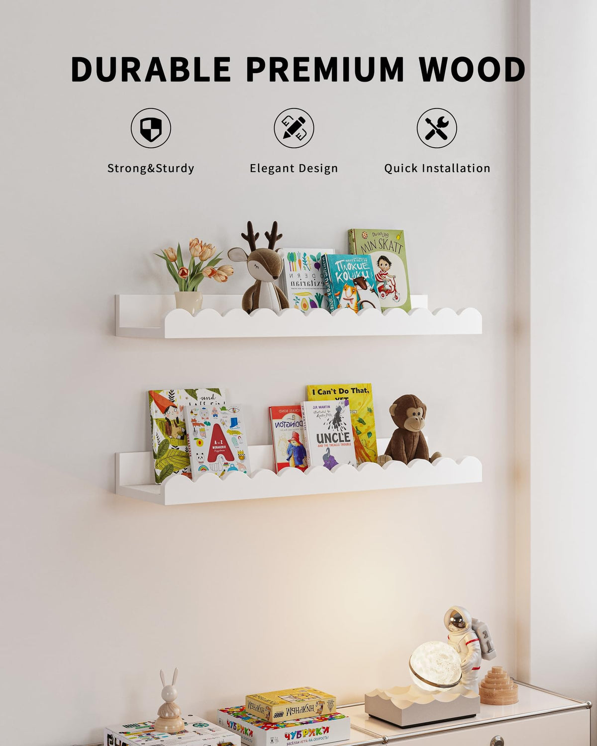 Shario shelves showing smooth edges and safety-focused design.