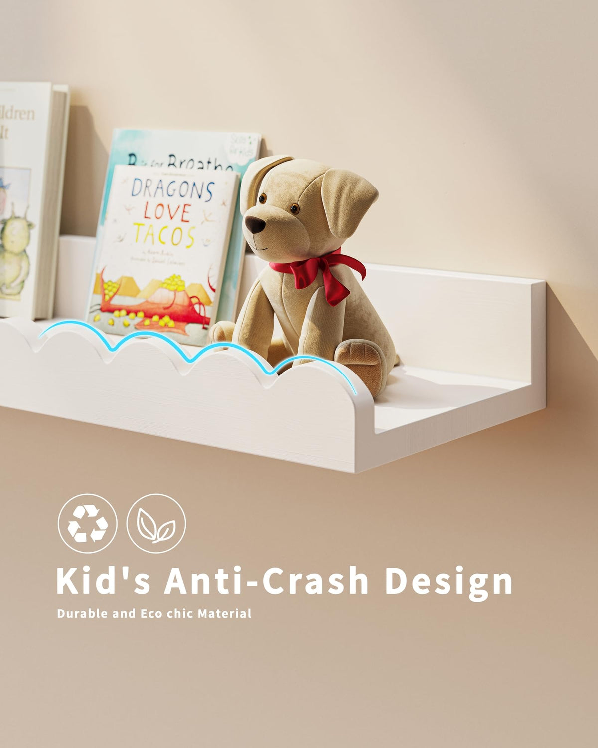Shario wall-mounted shelves in kids room with durable wood finish.