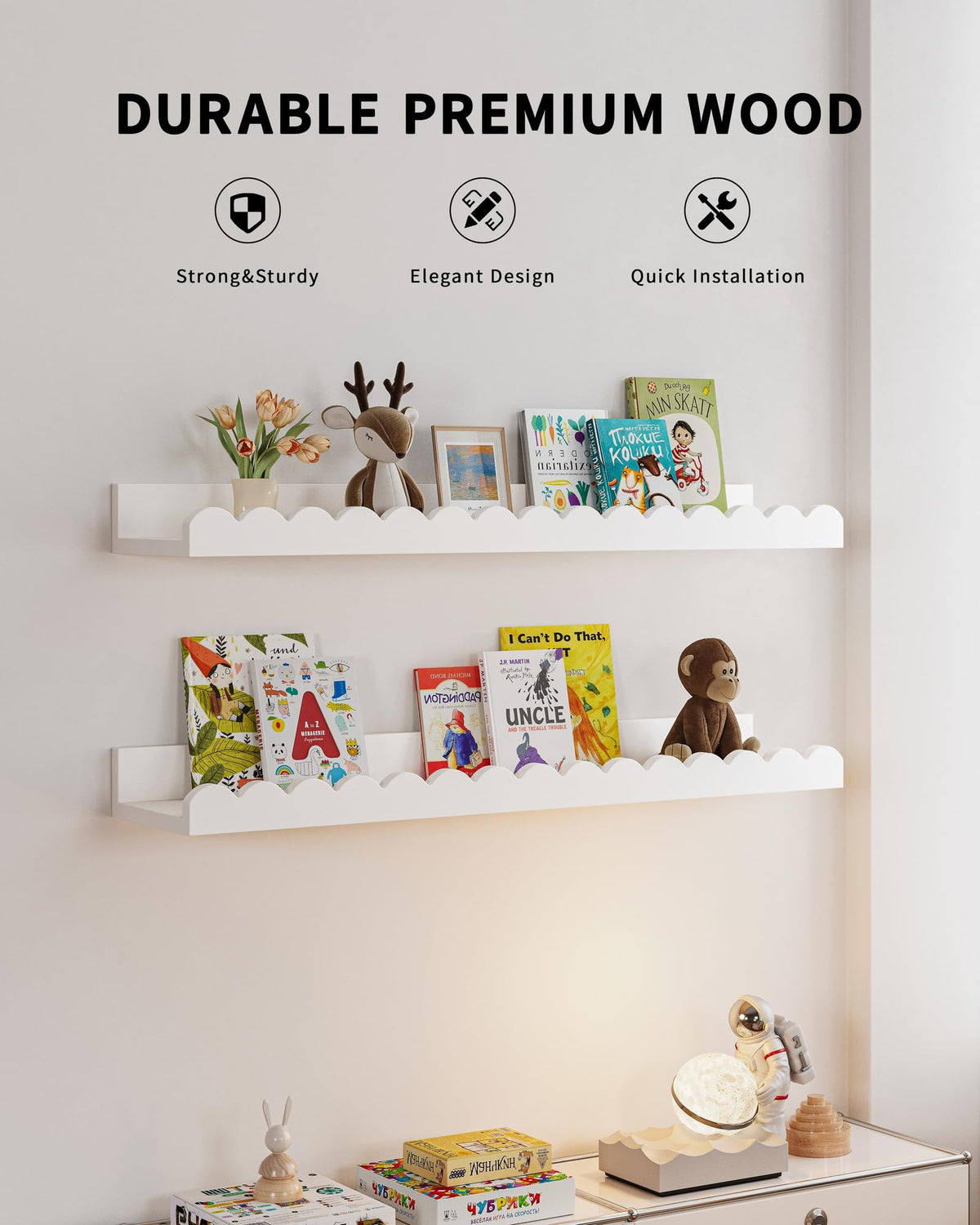 Shario wall-mounted shelves help create compact, tidy storage in small spaces.