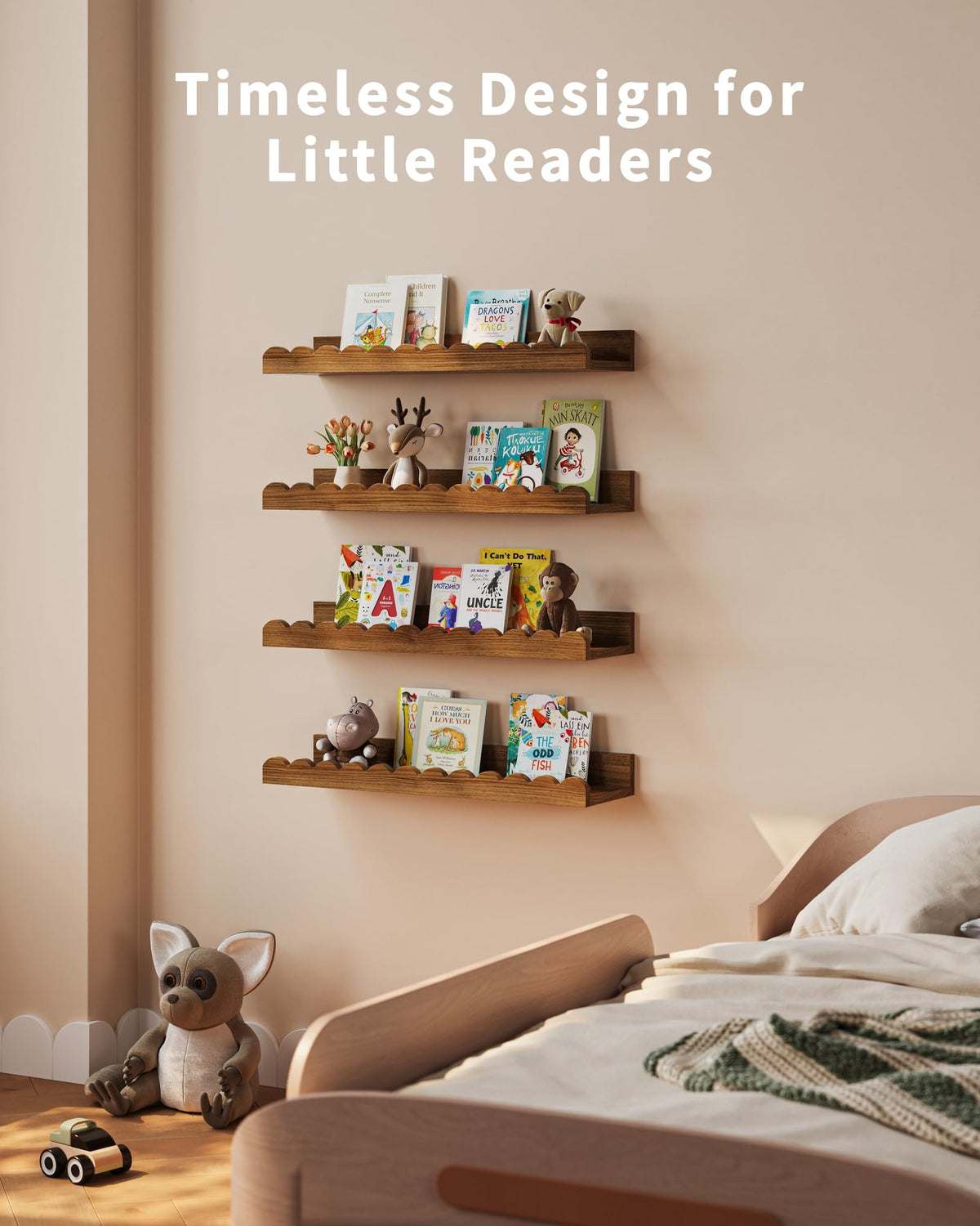Shario wooden shelves keep bedtime stories within reach