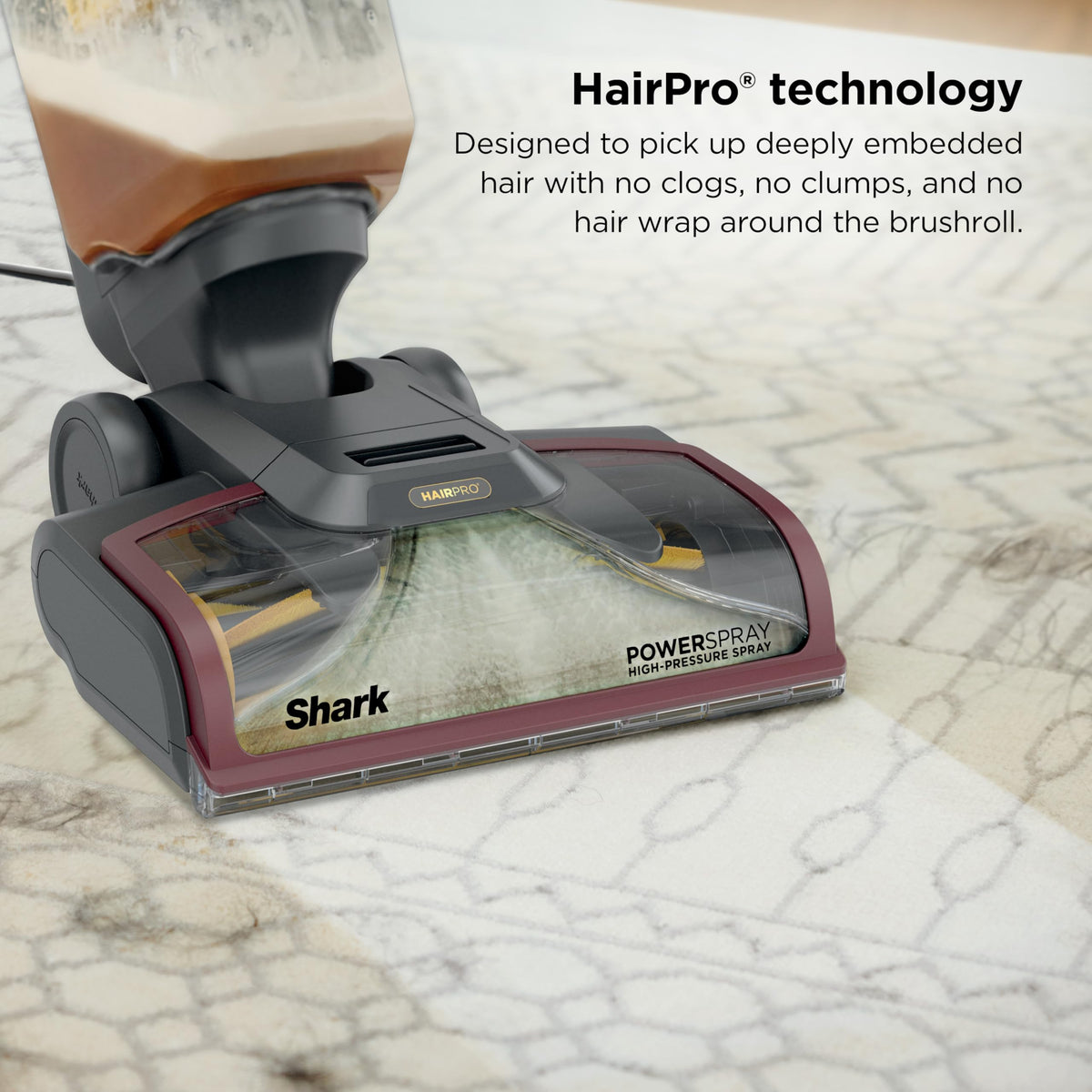 Shark CarpetXpert HairPro dual-tank design keeps clean solution separate.