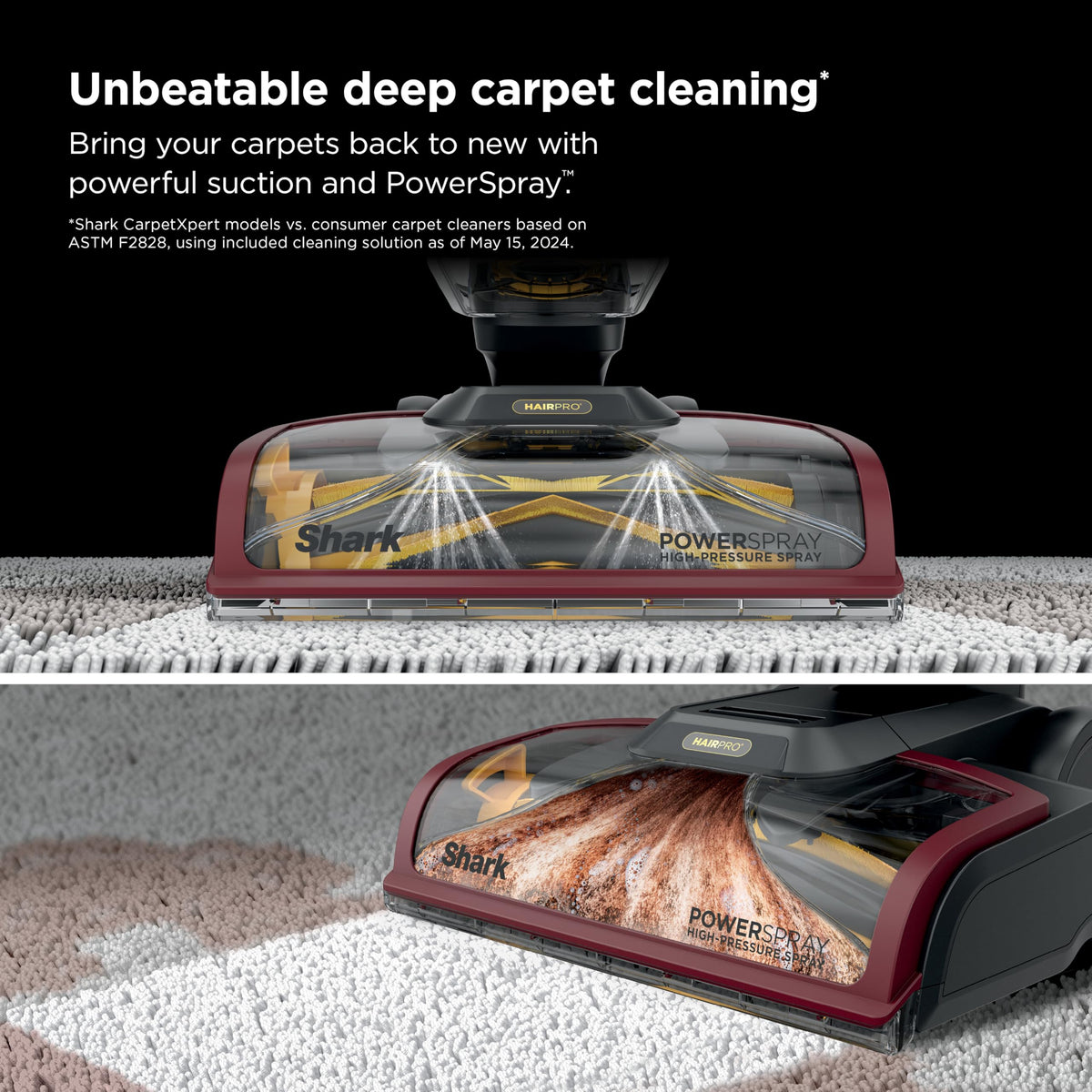 Shark CarpetXpert HairPro PowerSpray targets tough stains on rugs.