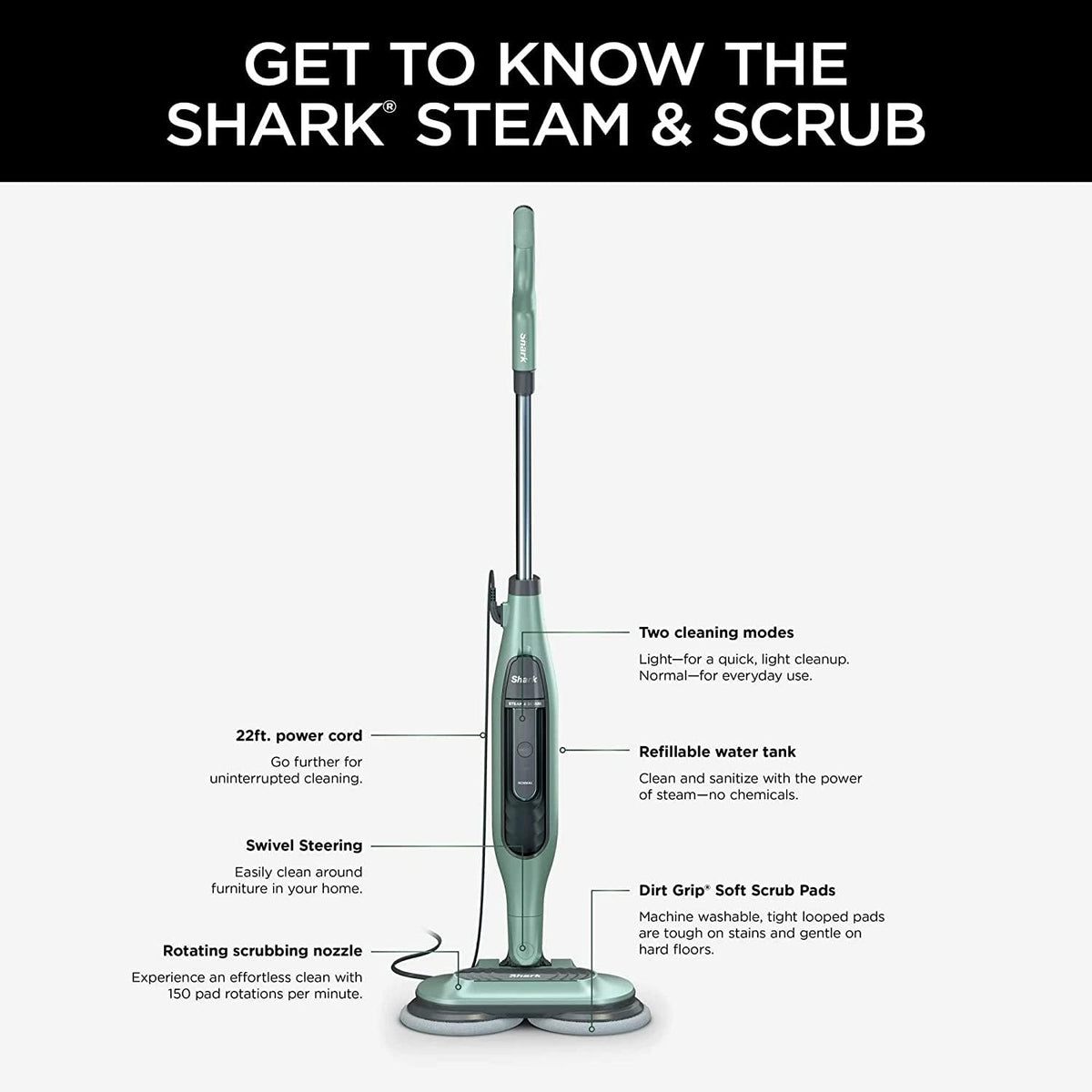 Rotating pads on Shark S7000AMZ delivering over 150 scrubs per minute for tough grime.