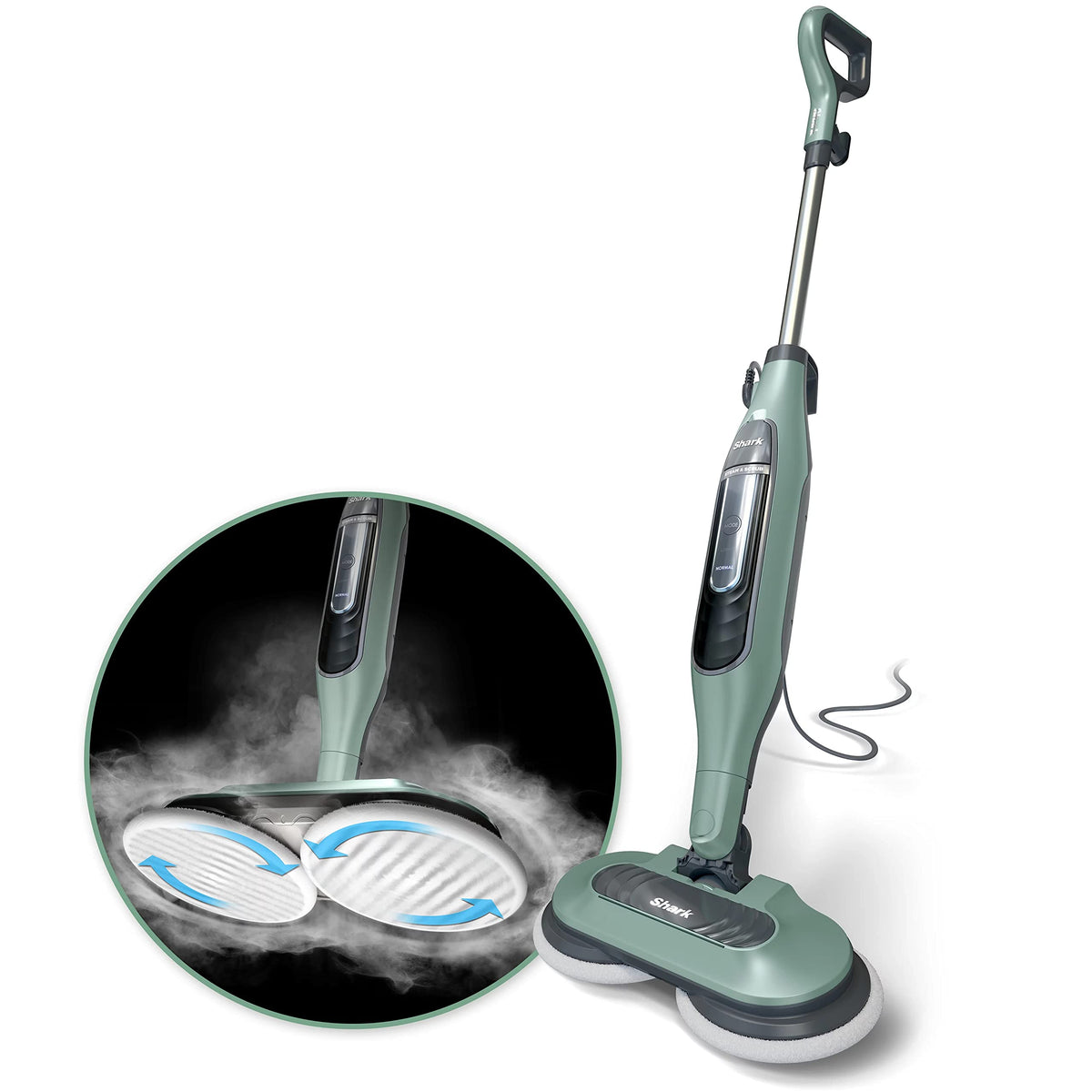 Shark S7000AMZ steam scrub head tackling a tough stain on sealed hardwood floors.