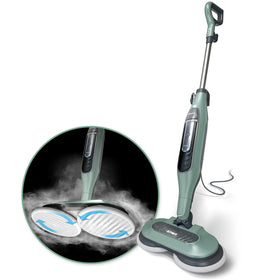 Shark S7000AMZ steam scrub head tackling a tough stain on sealed hardwood floors.