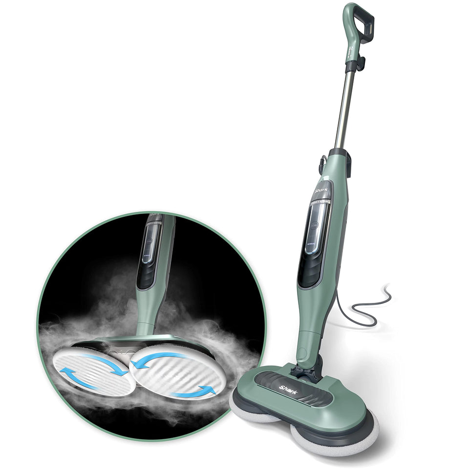 Shark S7000AMZ steam scrub head tackling a tough stain on sealed hardwood floors.
