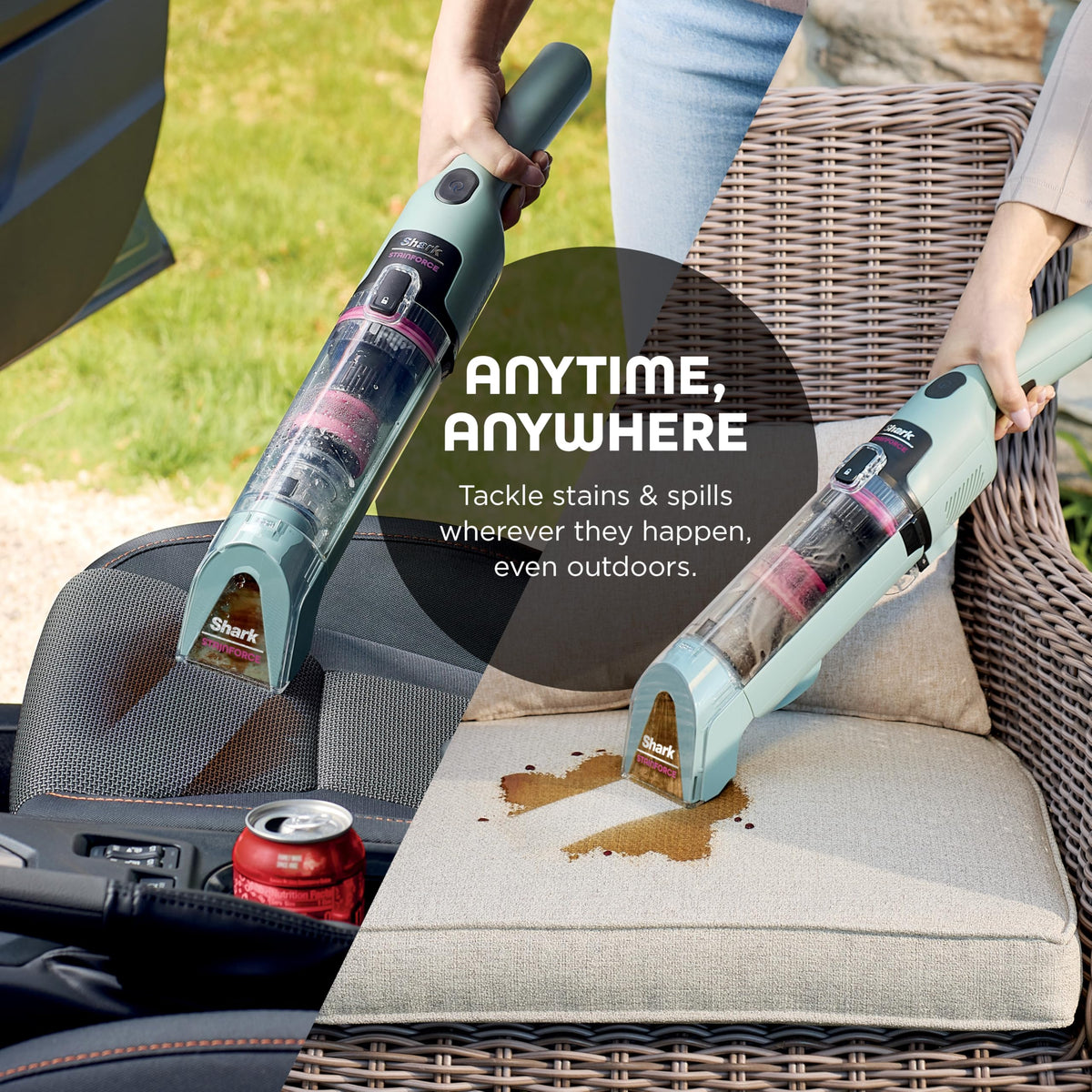 Shark StainForce 2-in-1 bottle blends two solutions for versatile stain care.