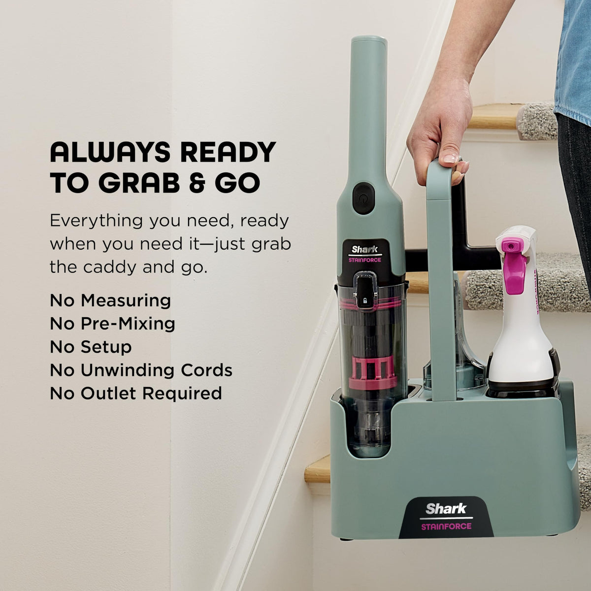 Shark StainForce lightweight handheld design enables portable stain removal.