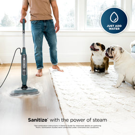 Removable water tank on Shark mop shown for longer cleaning sessions.