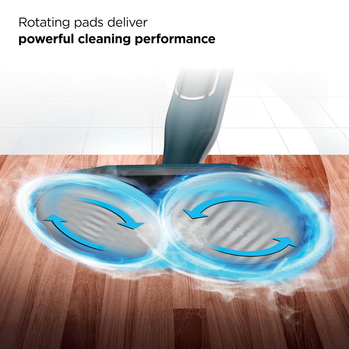 Shark mop with swivel steering for easy movement around furniture.