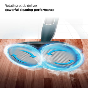 Shark mop with swivel steering for easy movement around furniture.
