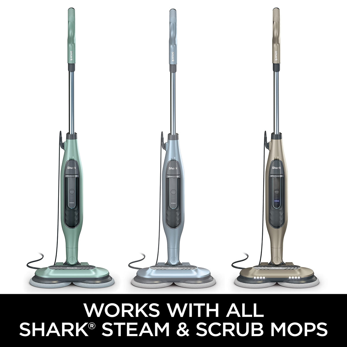 Shark Steam & Scrub mop in use with Dirt Grip pads on the floor.