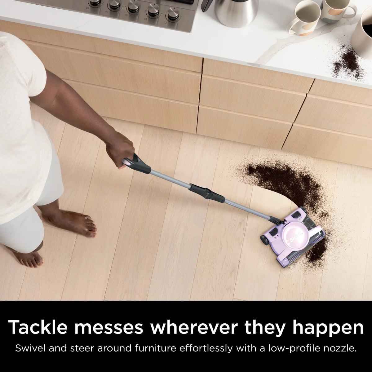 Shark V2945Z brush detail shows 12-inch motorized brush for debris pickup.