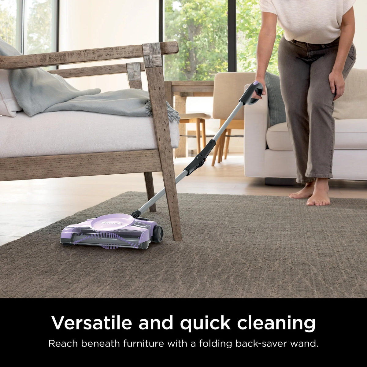 Shark V2945Z folded handle demonstrating easy storage and deep reach.