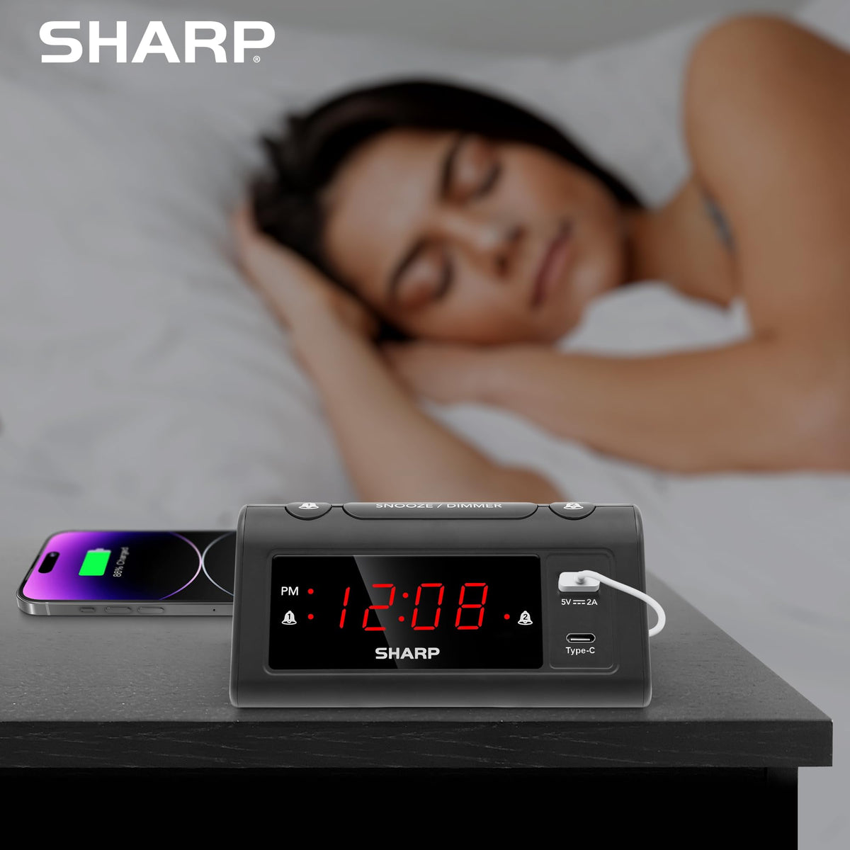 Sharp clock features a 3-step dimmer for adjustable night brightness.