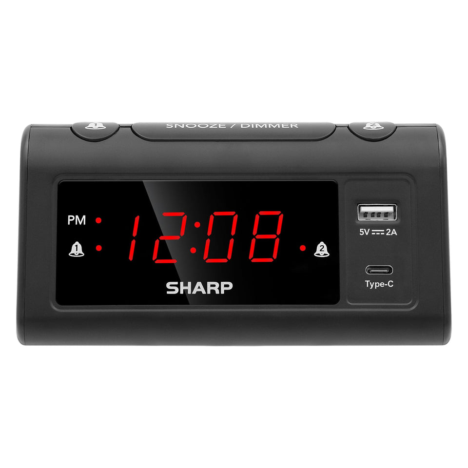 Sharp alarm clock bedside display with bright red digits for easy reading from across the room.