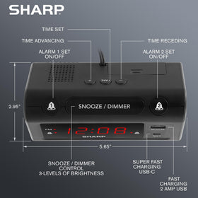 Sharp dual alarms with 9-minute snooze let you tailor your mornings.