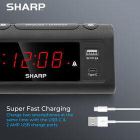 Sharp USB-C fast charging port powers modern smartphones quickly on the clock.