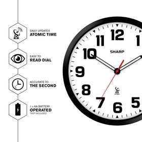 Sharp analog wall clock with easy-read dial for quick time checks.