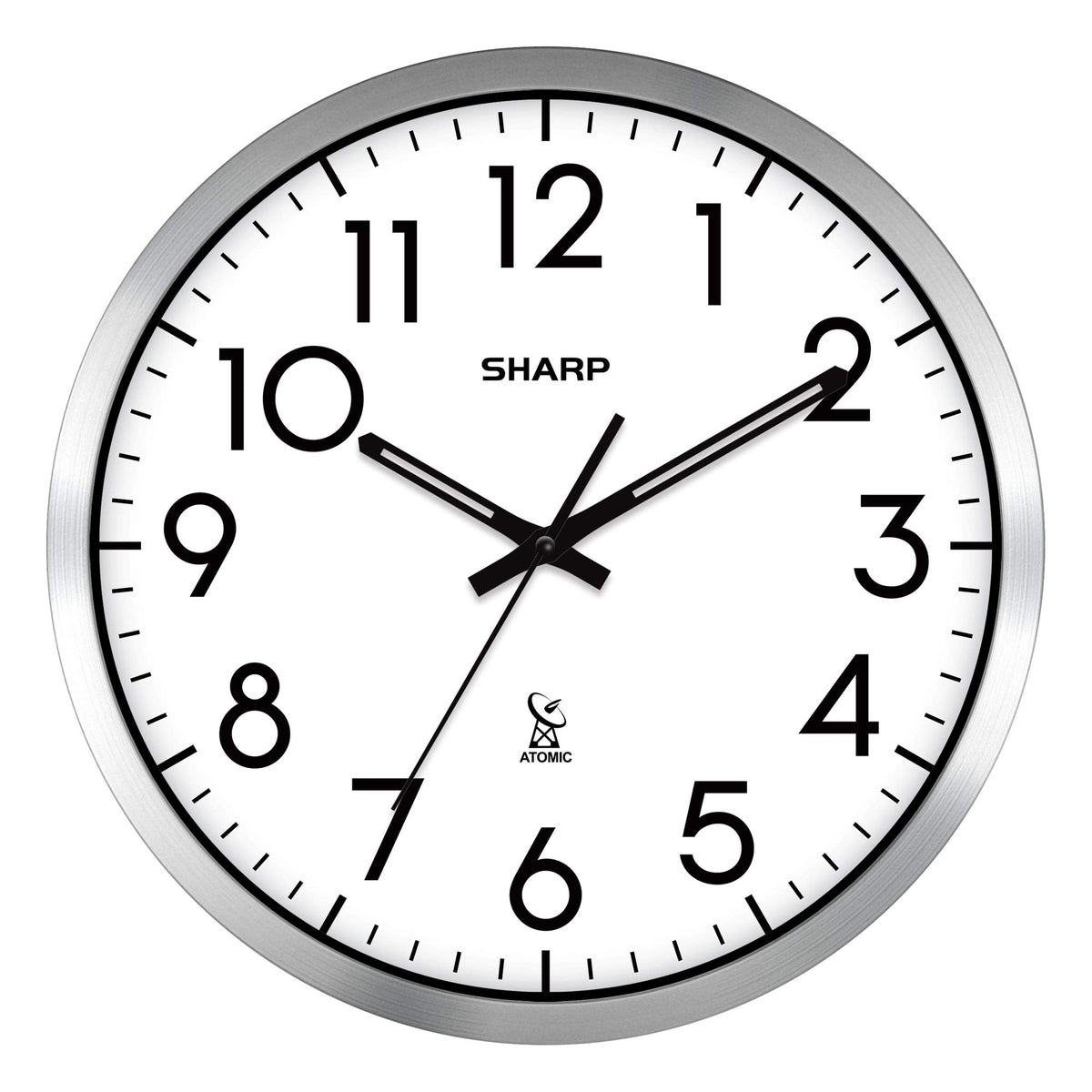Sharp Atomic Analog Wall Clock, 12 inch, silver brushed finish adds modern elegance.
