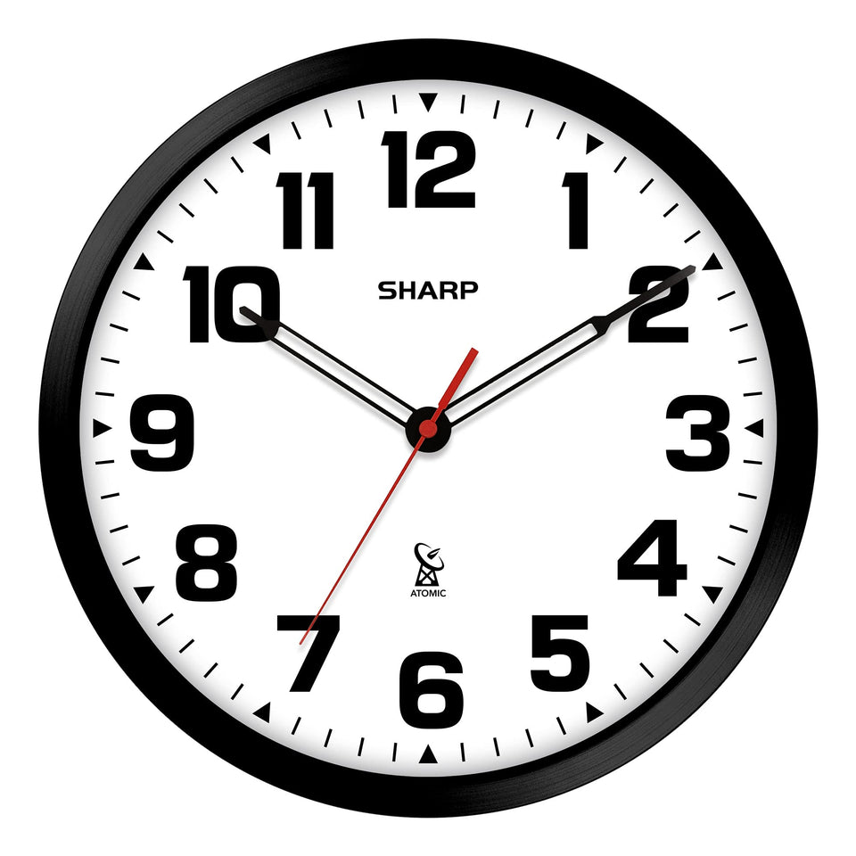 Sharp atomic clock 12-inch black frame offers precise timekeeping for any room.