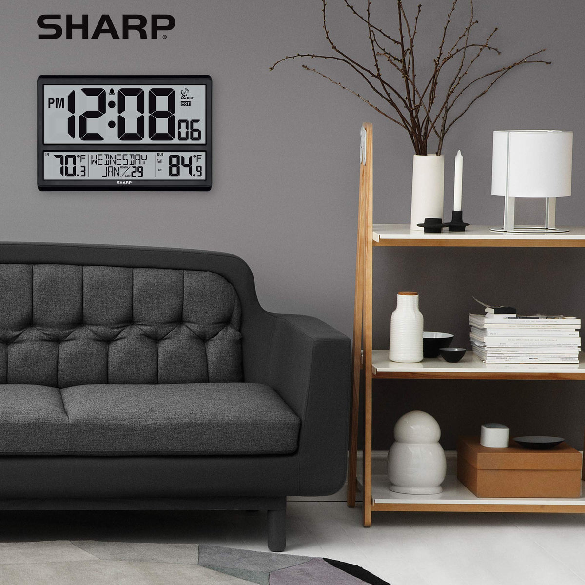 Sharp Atomic Clock displays calendar and day of week for daily context.