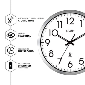 Sharp Atomic Clock face easy-to-read design for quick time checks.