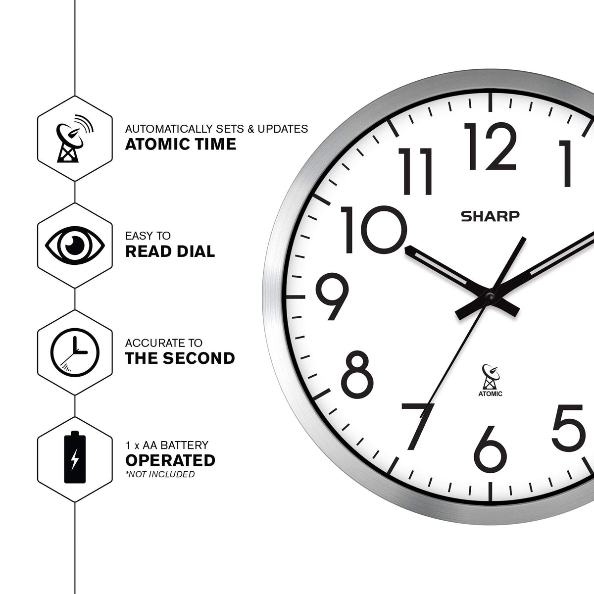 Sharp Atomic Clock face easy-to-read design for quick time checks.