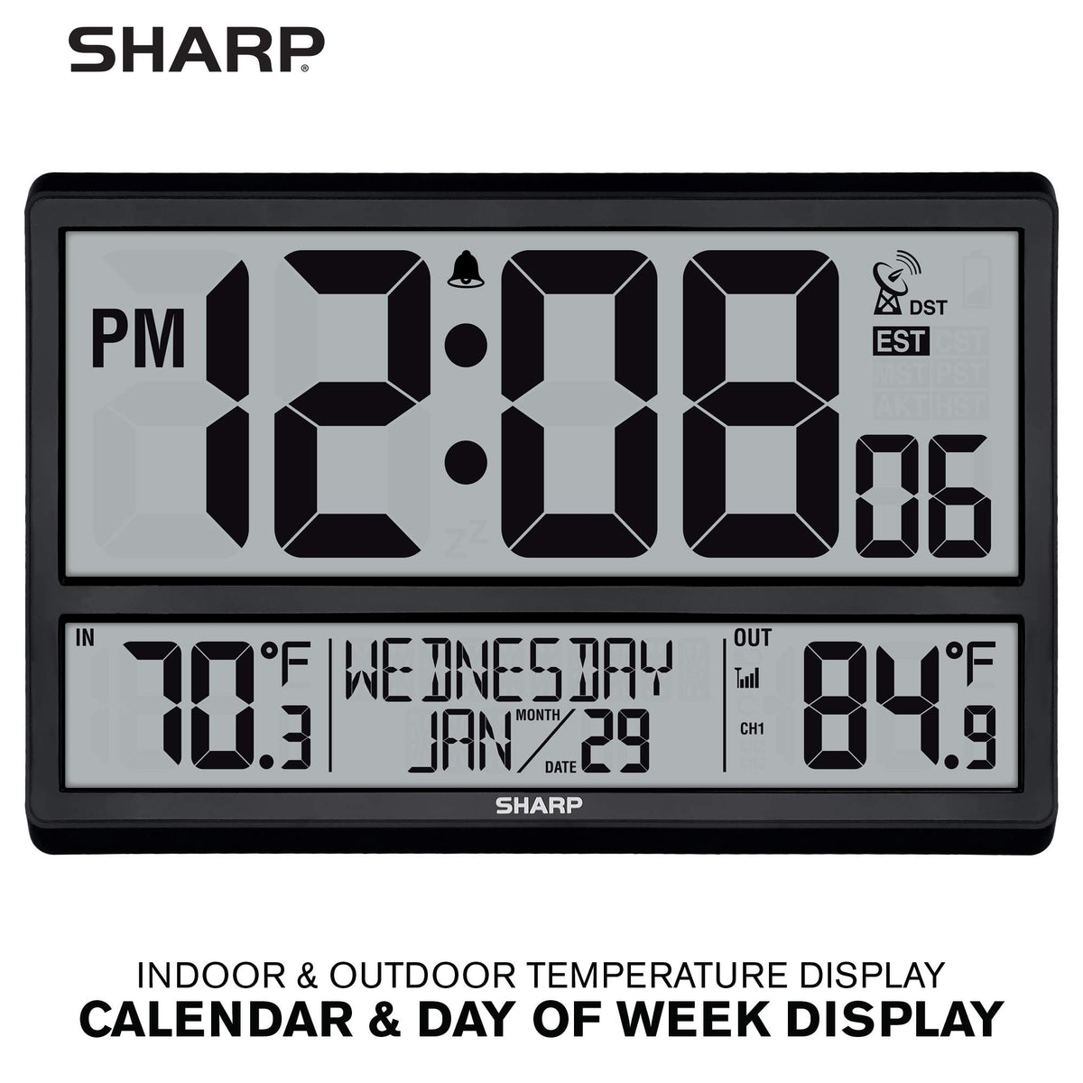 Sharp Atomic Clock shows indoor and outdoor temperature for quick checks.