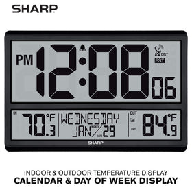 Sharp Atomic Clock shows indoor and outdoor temperature for quick checks.