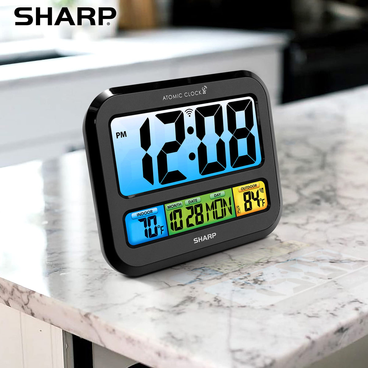 Sharp Atomic Clock in a kitchen setup for everyday use
