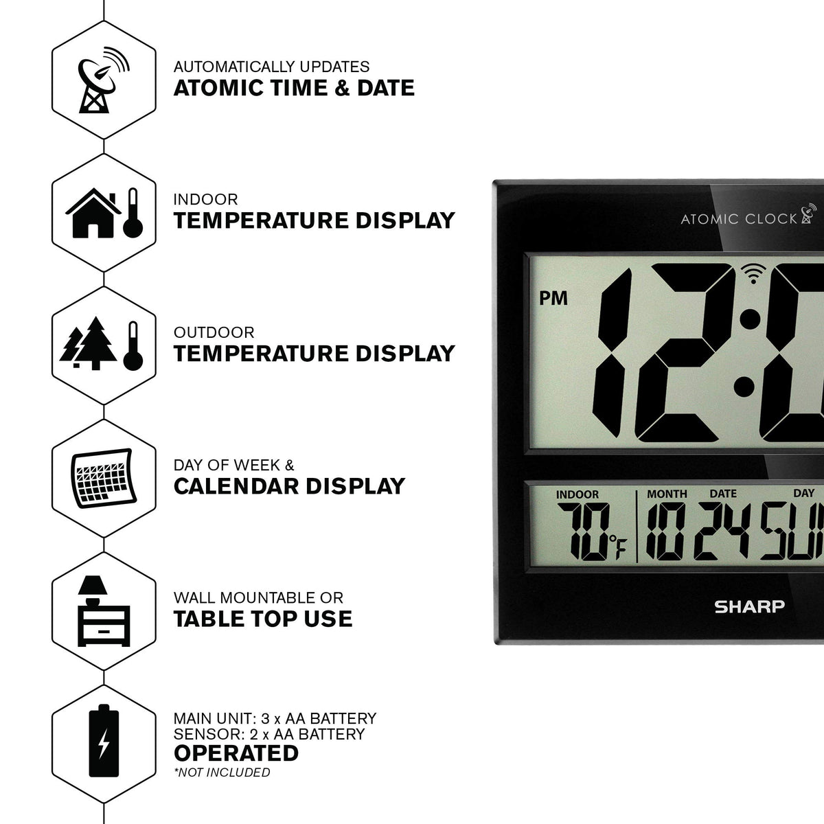Sharp Atomic Clock with wireless outdoor sensor shows real-time outdoor temperature