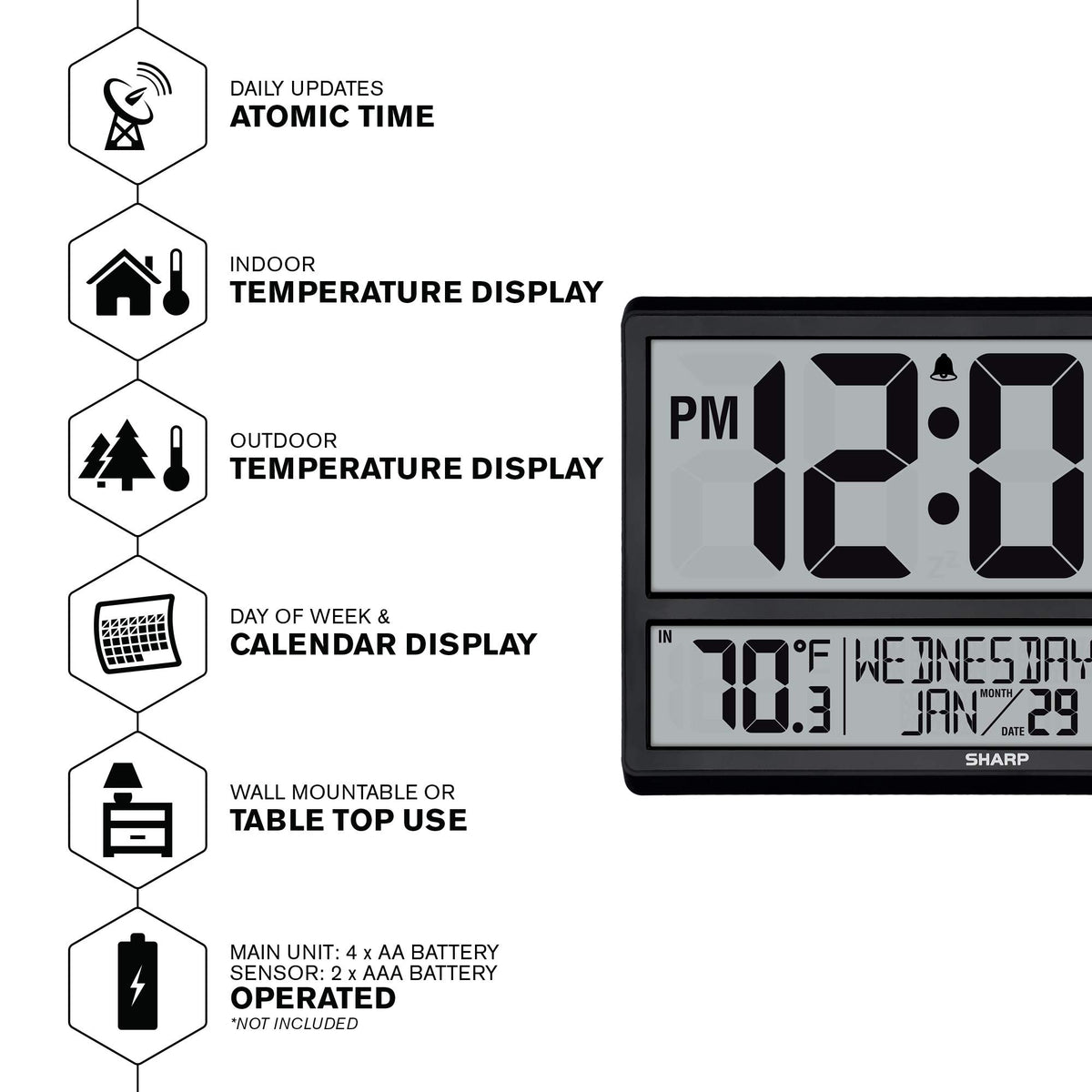 Sharp Atomic Clock wireless outdoor sensor communicates up to 100 feet.