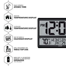 Sharp Atomic Clock wireless outdoor sensor communicates up to 100 feet.