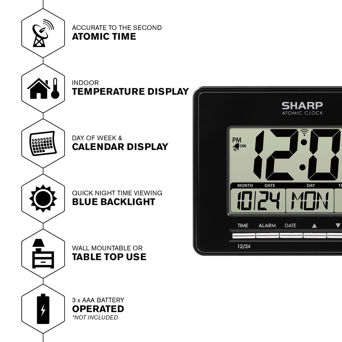 Sharp Atomic Desktop Clock backlit display illuminated for easy reading in low light