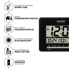 Sharp Atomic Desktop Clock backlit display illuminated for easy reading in low light