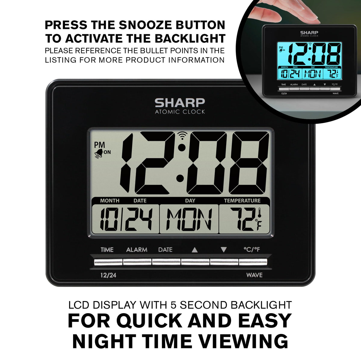 Sharp Atomic Desktop Clock desk setup showing time date and temperature
