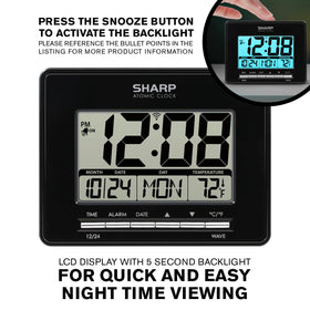Sharp Atomic Desktop Clock desk setup showing time date and temperature