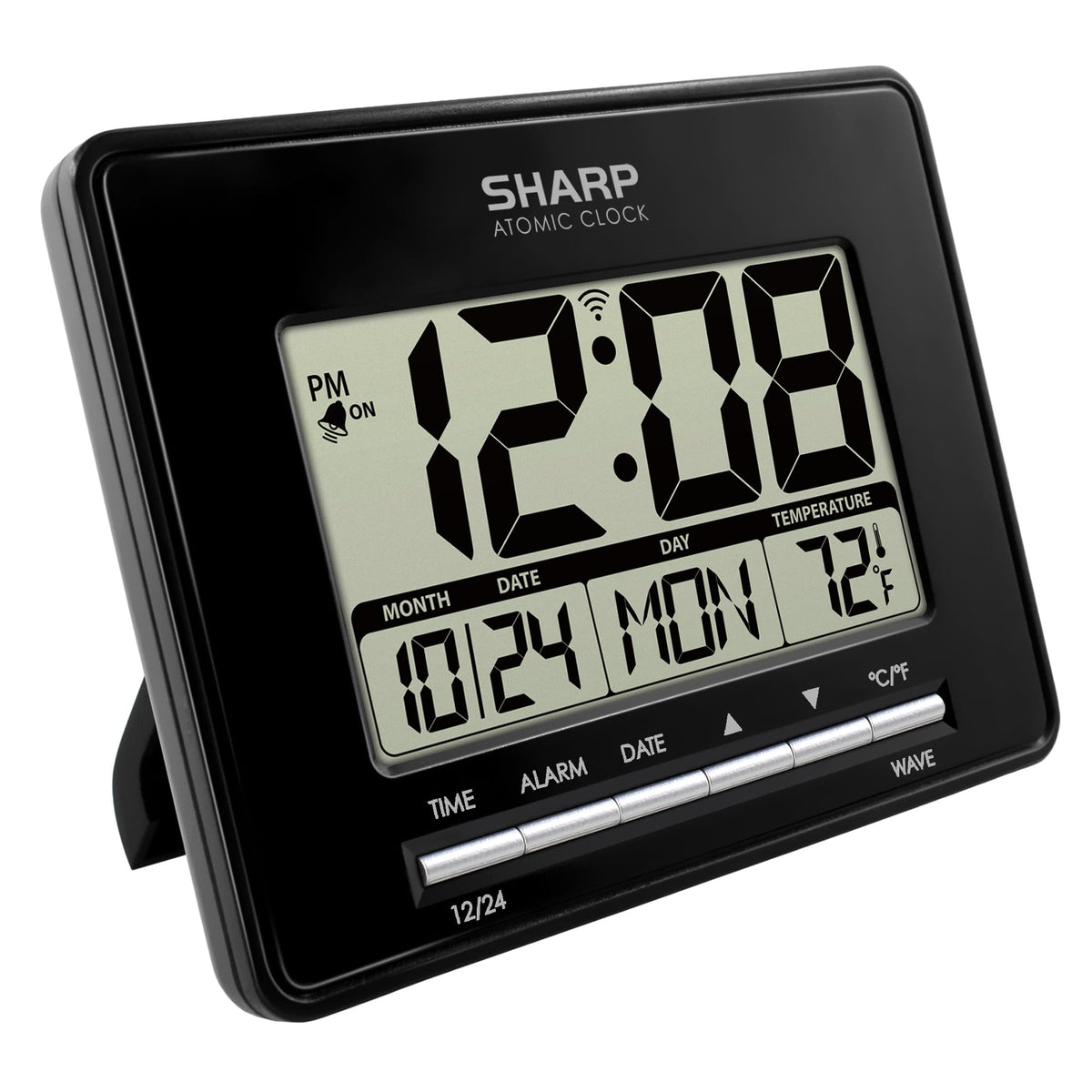 Sharp Atomic Desktop Clock front view shows a clear time display on a desk