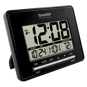 Sharp Atomic Desktop Clock front view shows a clear time display on a desk